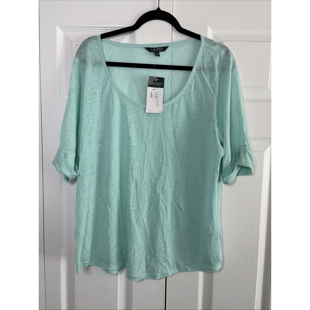 Lauren Ralph Lauren Scoop Neck Top Womens Size XL Mint Green Linen Knit Cuffed